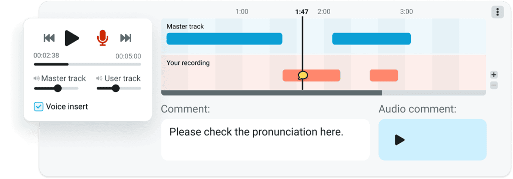 Sanako Connect Advanced recorder UI with audio and text comments available