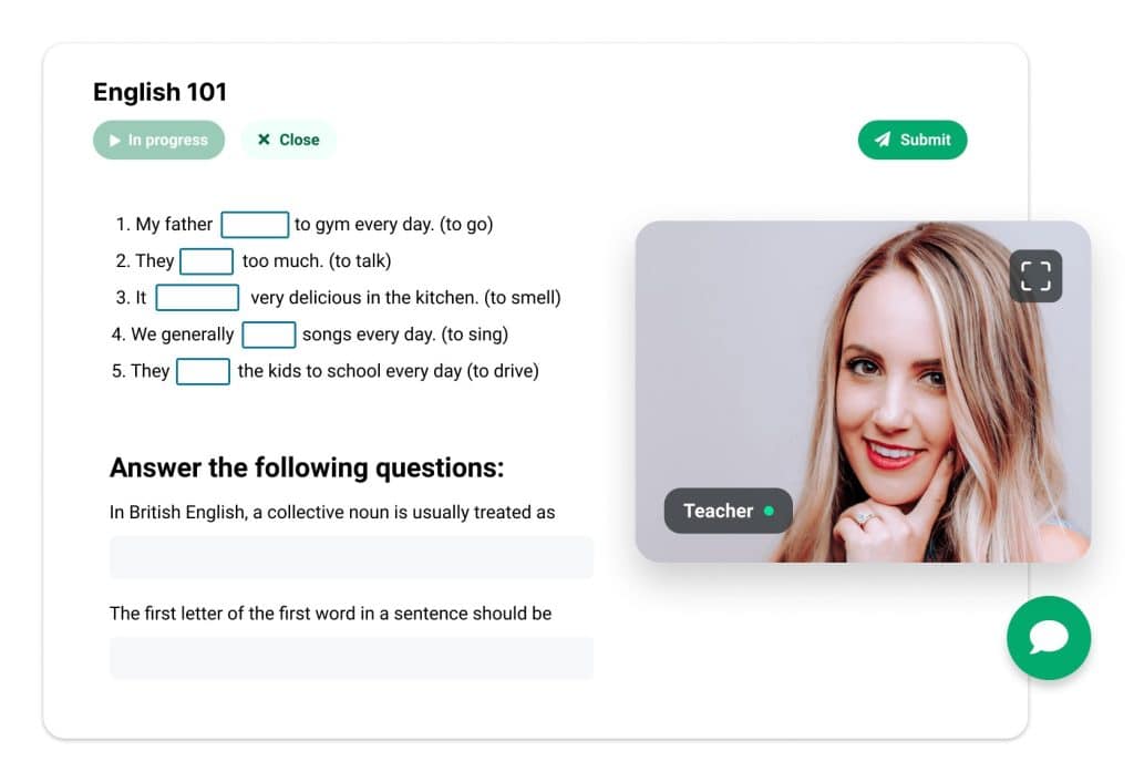 Connect UI with exercise for students ready to be started and teacher streaming her webcam