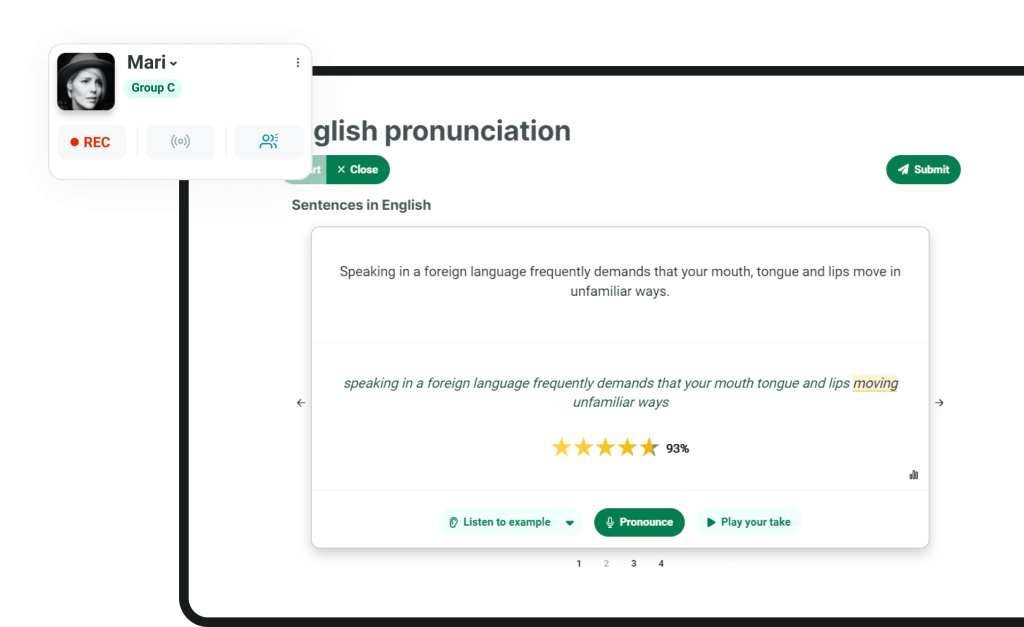 Illustration image of Sanako Connect software tool for language educators - automated pronunciation grading activity