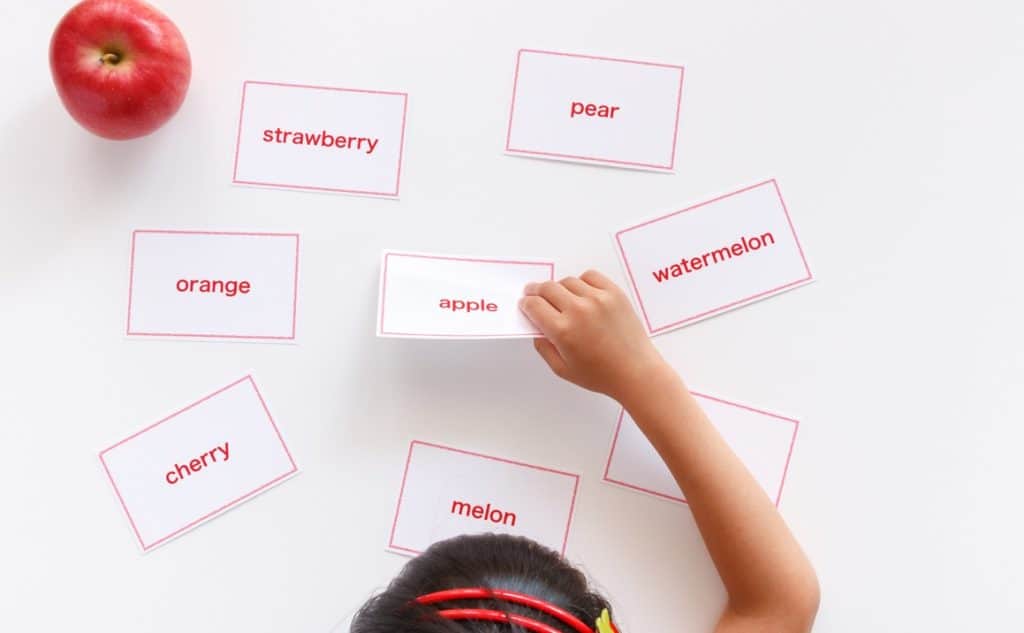 Image of a child using flashcards to memorize new words