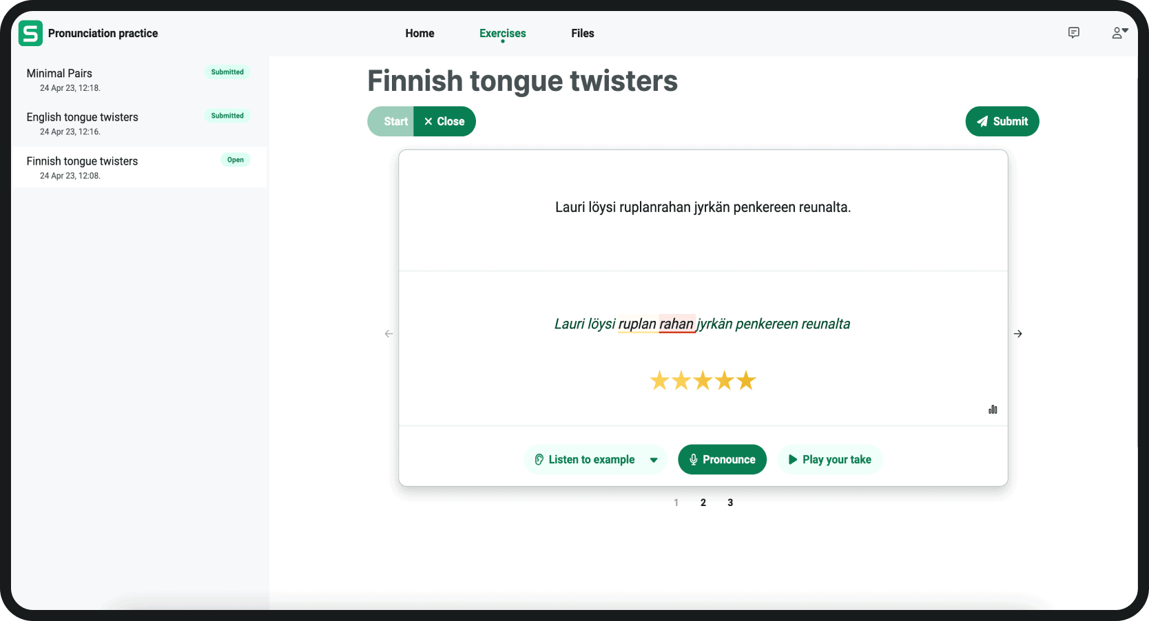 Sanako Connect demonstration image - Tongue twisters in Finnish language