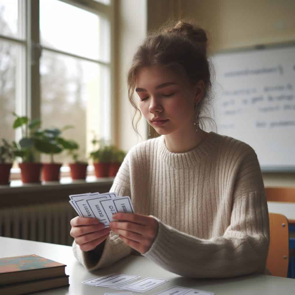 Female student memorizing vocabulary using flashcards - Image created by AI