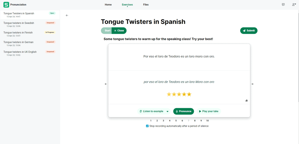spanish pronounce task using Sanako Connect